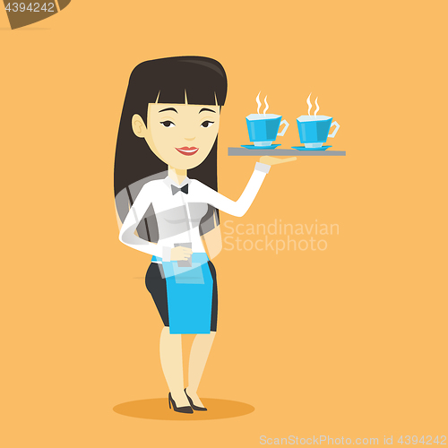 Image of Waitress holding tray with cups of coffeee or tea.