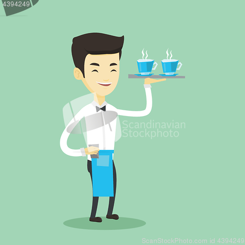 Image of Waiter holding tray with cups of coffeee or tea.