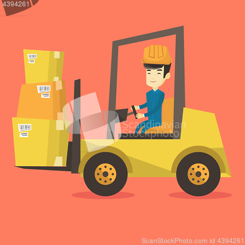 Image of Warehouse worker moving load by forklift truck.