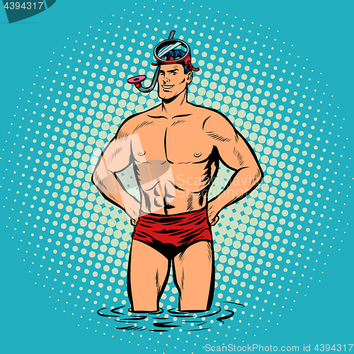 Image of Retro diver lifeguard male in swimming trunks and mask
