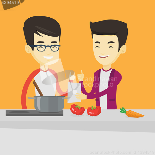 Image of Men cooking healthy vegetable meal.