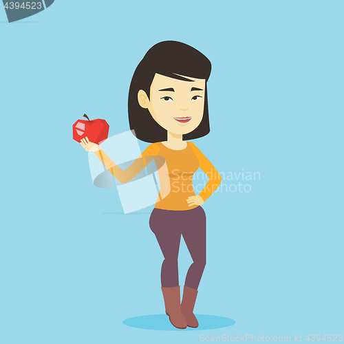 Image of Young woman holding apple vector illustration.
