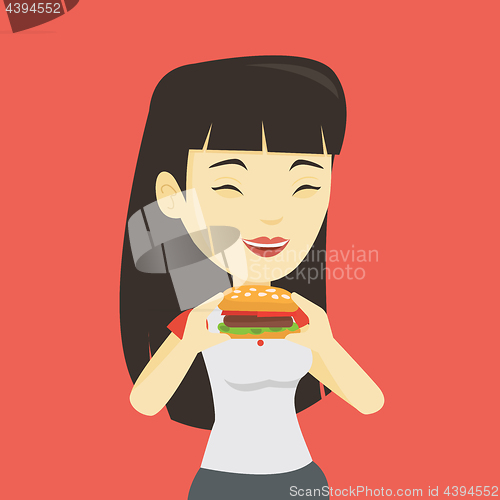 Image of Woman eating hamburger vector illustration.