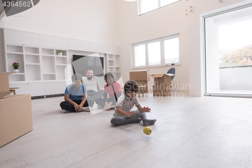 Image of portrait of happy young boys with their dad