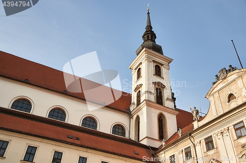 Image of Church tower in a town