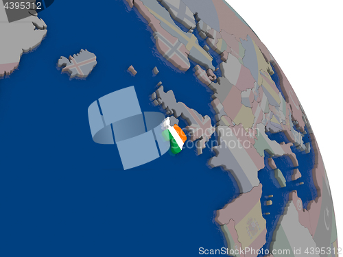 Image of Ireland with flag on globe