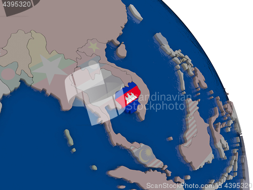 Image of Cambodia with flag on globe