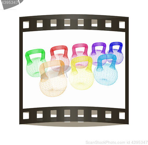 Image of A set of sports items - weights. 3d illustration. The film strip