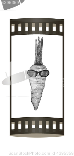 Image of carrot with sun glass and headphones front \"face\" on a white bac