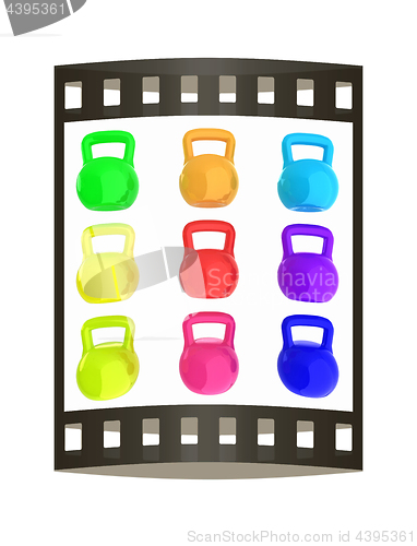 Image of A set of sports items - weights. 3d illustration. The film strip