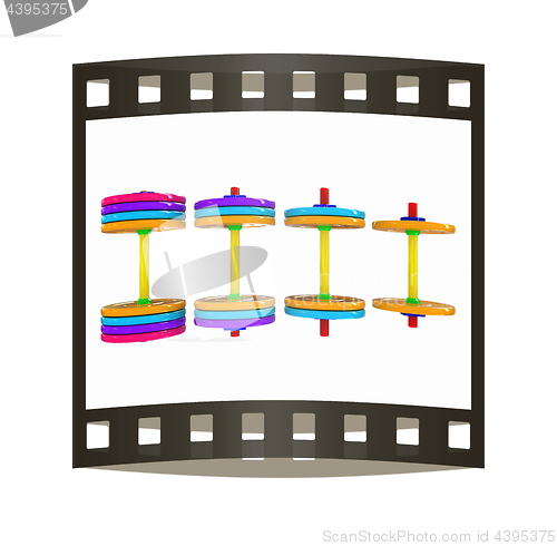 Image of dumbbells. 3d illustration. The film strip.