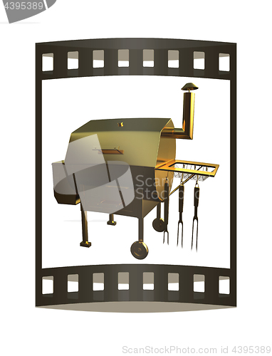 Image of Gold BBQ Grill. 3d illustration. The film strip.