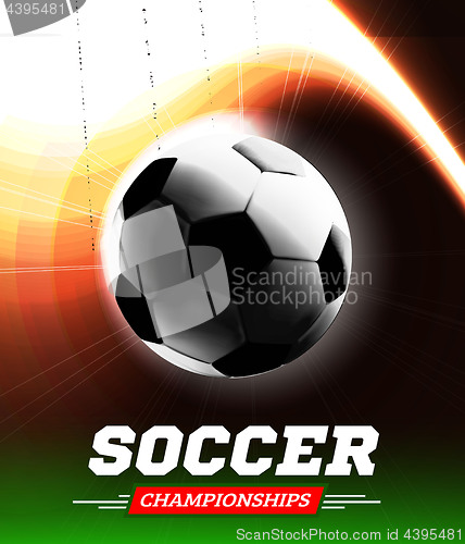 Image of Soccer or football ball in the backlight with a flight path in the form of a light beam. Vector illustration