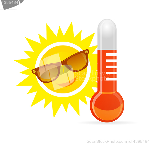 Image of Cheerful, smiling cartoon sun in sunglasses next to the temperature thermometer