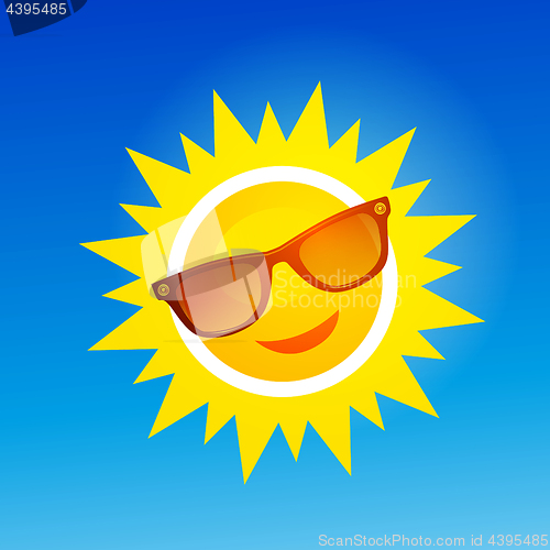 Image of Cheerful, smiling cartoon sun in sunglasses on blue background.