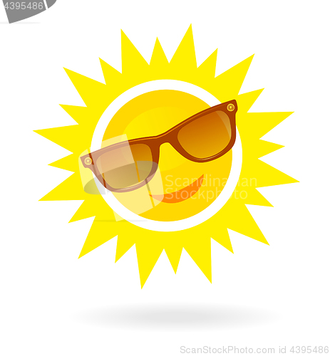 Image of Cheerful, smiling cartoon sun in sunglasses on white background.