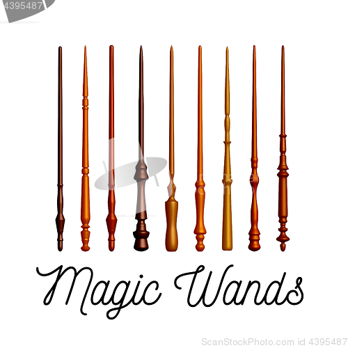 Image of Set of wooden magic wands on white background. Vector