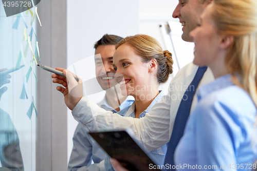 Image of business team with marker writing sticky notes