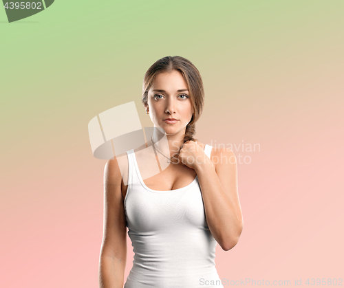 Image of Happy woman in shirt