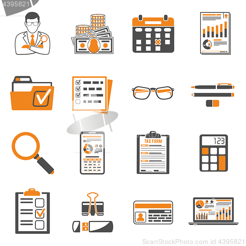 Image of Auditing, Tax, Accounting two color icons set