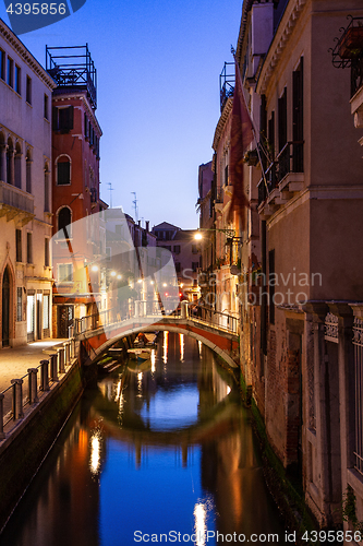 Image of Canal view in Venice, Italy at blue hour before sunrise