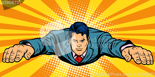 Image of Serious businessman flying, superhero