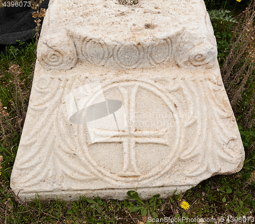 Image of Marble plate with old christian symbols in ancient city Hierapolis