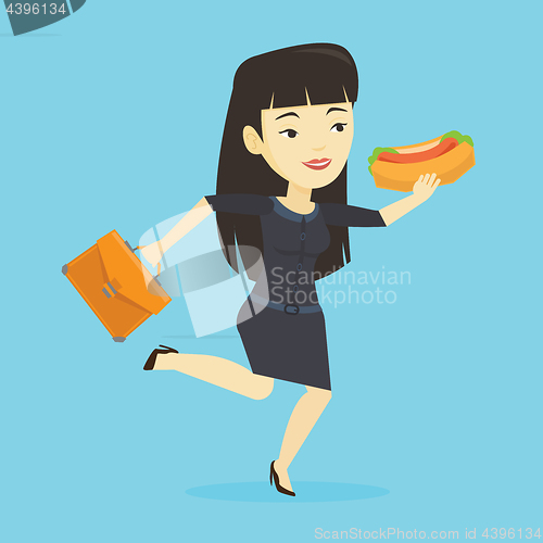 Image of Business woman eating hot dog vector illustration.