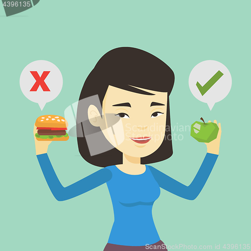 Image of Woman choosing between hamburger and cupcake.