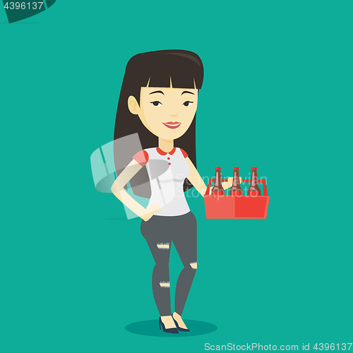 Image of Woman with pack of beer vector illustration.