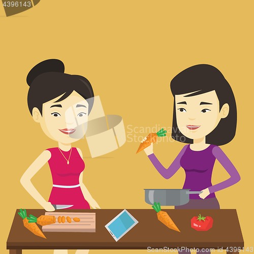 Image of Women cooking healthy vegetable meal.