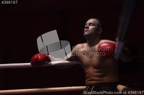 Image of kick boxer resting on the ropes in the corner