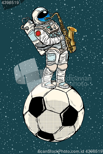 Image of Astronaut plays saxophone on a football soccer ball