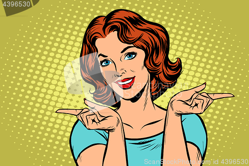 Image of Woman pointing fingers left and right
