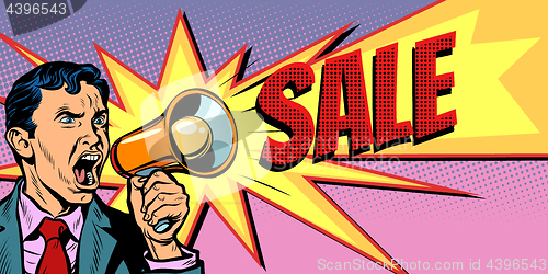 Image of businessman with megaphone sale background