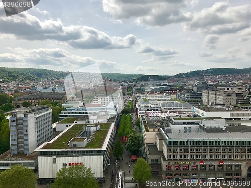 Image of Stuttgart, Germany - May 24, 2013: Famous shopping promenade Koenigstrasse, between Koenigsbau and Schlossplatz square. On the right, the new art museum, a modern building with glass facade.
