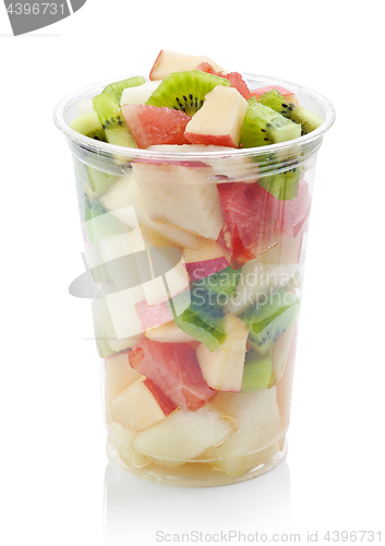 Image of fresh fruit pieces salad in plastic cup