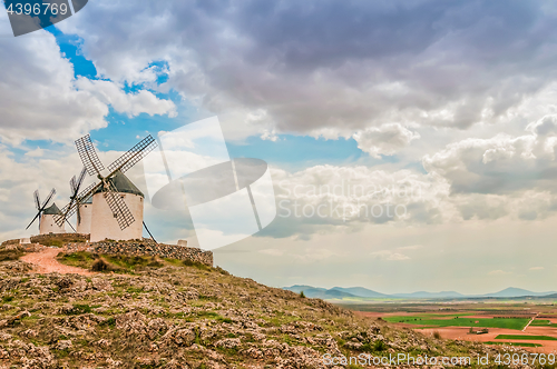 Image of Traditional white windmills in Consuegra, Spain