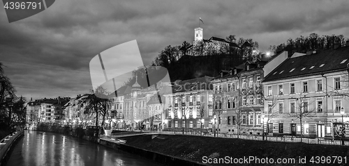 Image of Evening panorama of riverfront of Ljubljana, Slovenia.