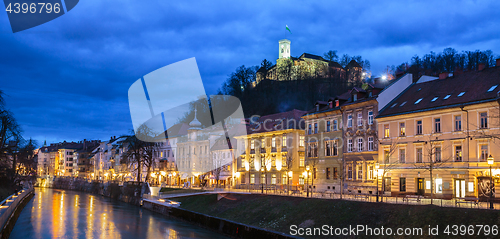 Image of Evening panorama of riverfront of Ljubljana, Slovenia.