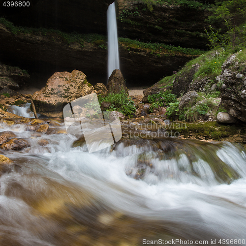 Image of Upper Pericnik waterfall in Slovenian Alps in autumn, Triglav National Park