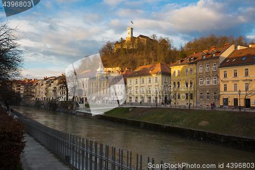 Image of Sunset panorama of riverfront of Ljubljana, Slovenia.