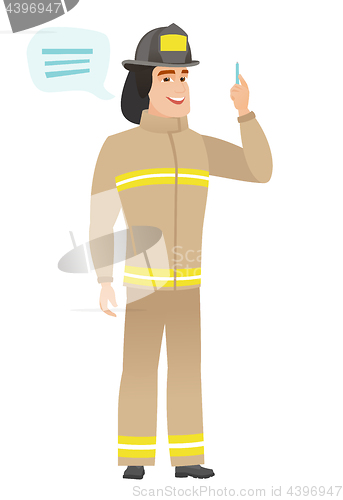 Image of Young caucasian firefighter with speech bubble.