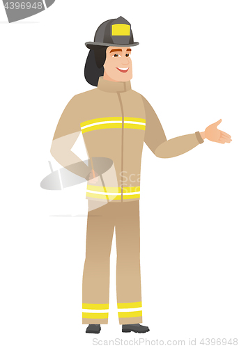 Image of Firefighter with arm out in a welcoming gesture.