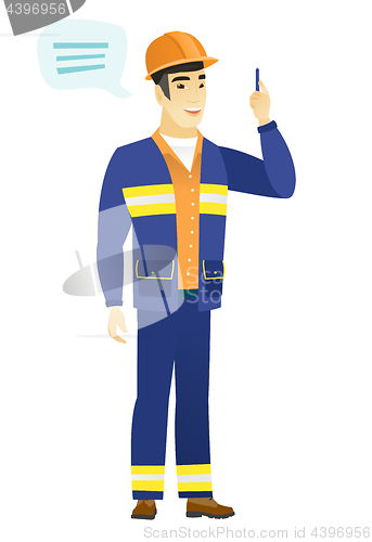 Image of Young asian builder with speech bubble.