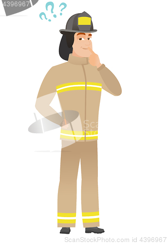 Image of Thinking firefighter with question marks.