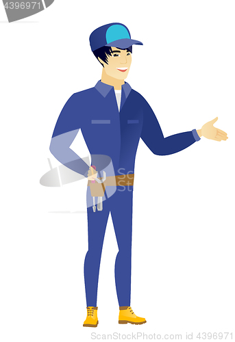 Image of Mechanic with arm out in a welcoming gesture.
