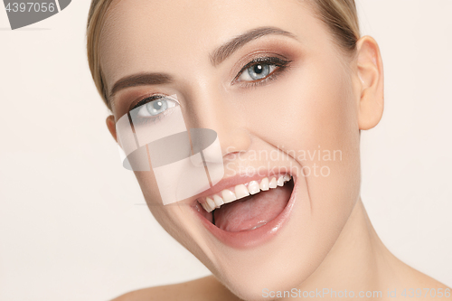 Image of Beautiful and healthy woman smile, close-up