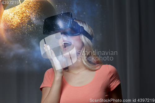 Image of woman in virtual reality headset or 3d glasses