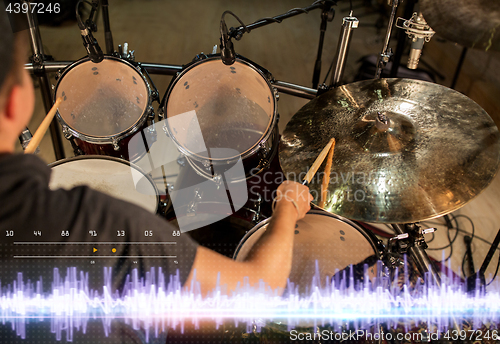 Image of drummer playing drum kit at sound recording studio